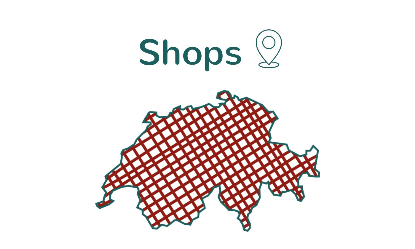 Karte Schweiz mit Fischnetz im Hintergrund. Oben: "Shops"