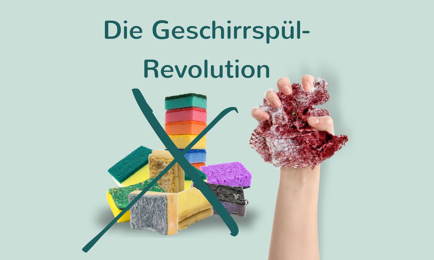 Die Spülschwamm Revolution: Benutzte Spülschwämme mit Kreuz und eine Hand mit Fischnetz als nachhaltige Küchenschwamm Alternative.