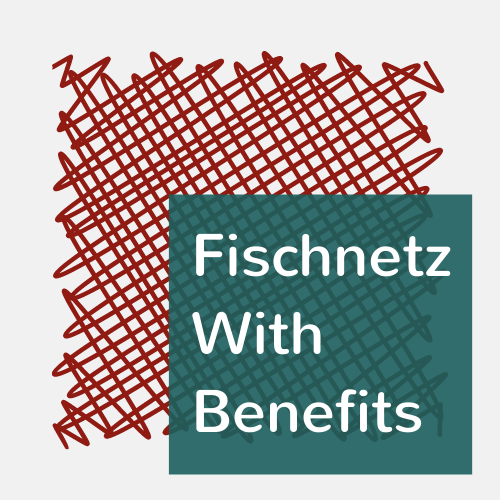 Fischnetz with Benefits logo. A red fishing net is shown that can be used as a dish sponge alternative.